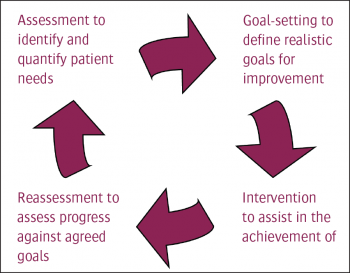 Figure 2: The cyclical process involving assessment, goal setting, intervention and reassessment is typical of stroke rehabilitation