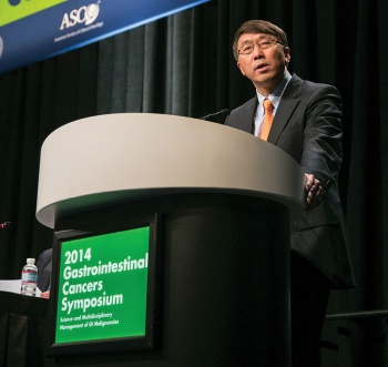 Andrew X Zhu, MD, PhD, discusses Abstract 172 EVOLVE-1: Phase 3 study of everolimus for advanced HCC that progressed during or after sorafenib. Photo by © ASCO/Todd Buchanan 2014
